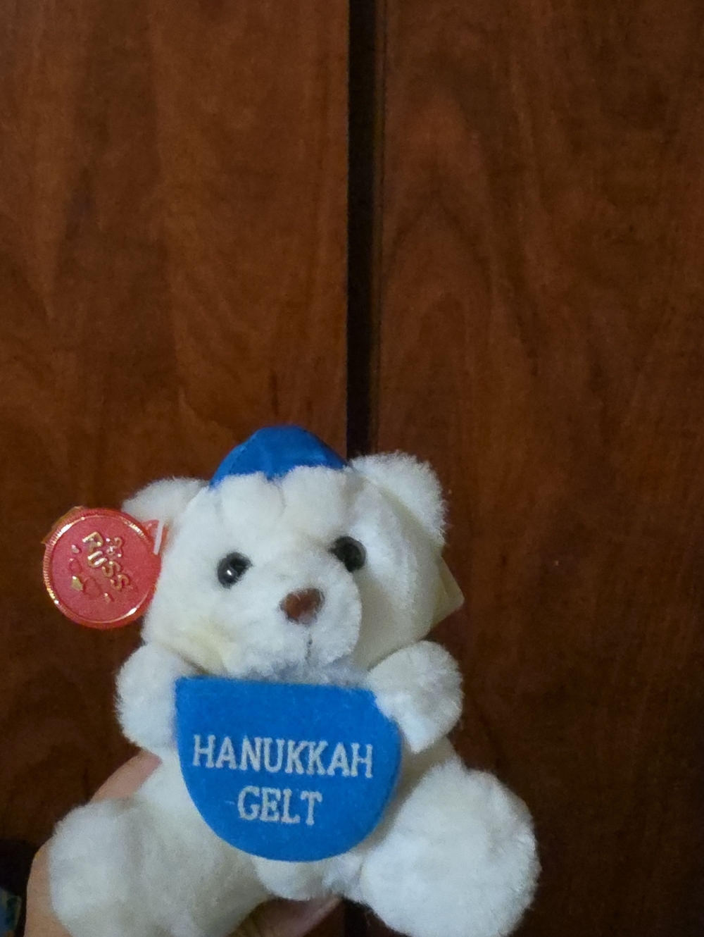 Russ White Plush Bear with Blue Hanukkah Gelt Pouch